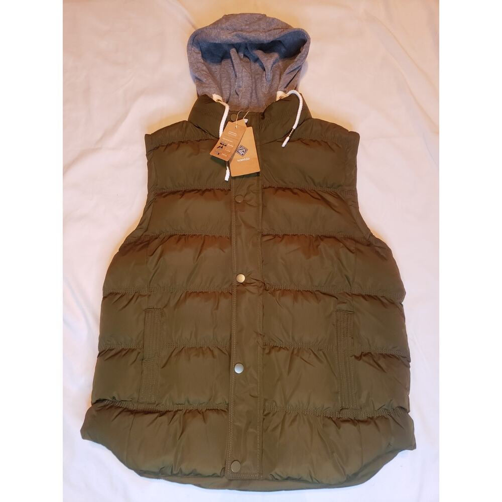 Wantdo Men's Green Winter Puffer Vest Jacket Medium Waterproof Removable Hood